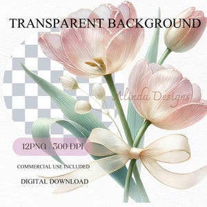 Sweet Pink Tulips Watercolor Clipart, Elegant Vintage Floral Elements for Invitations, Branding & DIY Crafts, DIY Craft, For Home Decoration