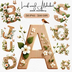 Alfabeto y números de hojas de madera, letras rústicas de madera, alfabeto de madera floral, tema de la naturaleza para álbumes de recortes, invitaciones