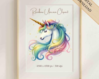 Puede incluir: Una descarga digital de una imagen de clipart de unicornio arcoíris. El unicornio tiene un cuerpo blanco con una melena y una cola arcoíris. El fondo es blanco con estrellas doradas. La imagen es de 4500 x 4500 píxeles y 300 ppp.