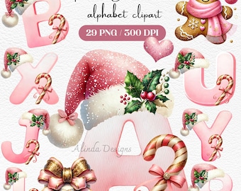 Pink Christmas Alphabet PNG: Santa Candy Cane Clipart Digital Download