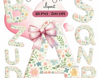 Watercolor Floral Alphabet Clipart: Pastel Kawaii Font (PNG Digital Set)