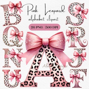 Pink Leopard Alphabet Clipart: Glitter Bow PNG Set Digital Download