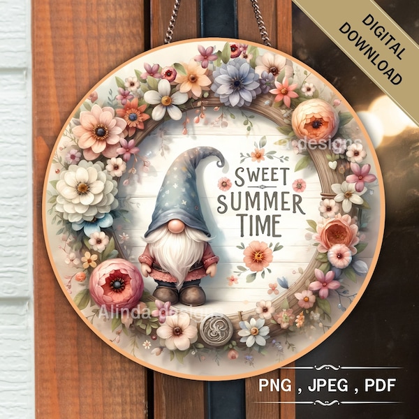 Sweet Summer Time, door hanger template, watermelon summer, gnome wreath signs, signs png, Pink Flowers Wreath Wall hanging Door Hanger