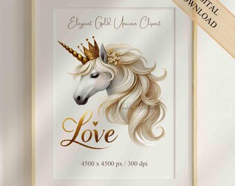 Gold Unicorn Clipart: Elegant Fantasy Floral PNG (Digital Download)