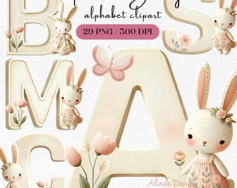 May include: Pastel Bunny alphabet clipart featuring the letters B, M, S, A, and C. Each letter is decorated with a bunny wearing a dress and flowers. A pink butterfly and flowers are also included. The text "29 PNG / 300 DPI" is also visible.