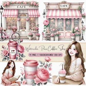 Clipart acquerello di caffetteria parigina, illustrazioni di caffè, arte del caffè parigino, clipart di bistrot francese, cancelleria fai da te, romantica Parigi Francia