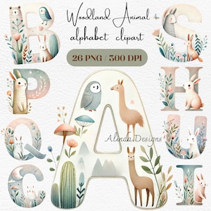 Alfabeto de animales del bosque, lindas letras PNG, conjunto de naturaleza pastel de la A a la Z, regalos para baby shower, herramientas de aprendizaje para niños, guardería forestal