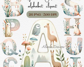 Woodland Animal Alphabet Clipart: Pastel Forest Letters (PNG)