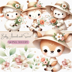 Imágenes prediseñadas de animales y flores bebés, lindo ciervo, jirafa, cordero y león en acuarela con sombreros florales, 14 PNG para decoración de guardería, animales del bosque
