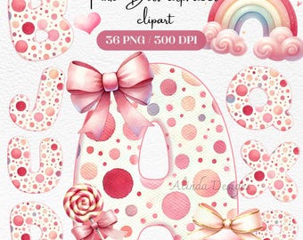 Pink Polka Dot Alphabet Clipart, Baby Girl PNG Set (Digital Download)