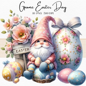 Easter Gnome Clipart, Gnomo bonito em aquarela com ovos florais, flores da primavera, 12 PNGs para artesanato e decorações de Páscoa, decoração de primavera e Páscoa
