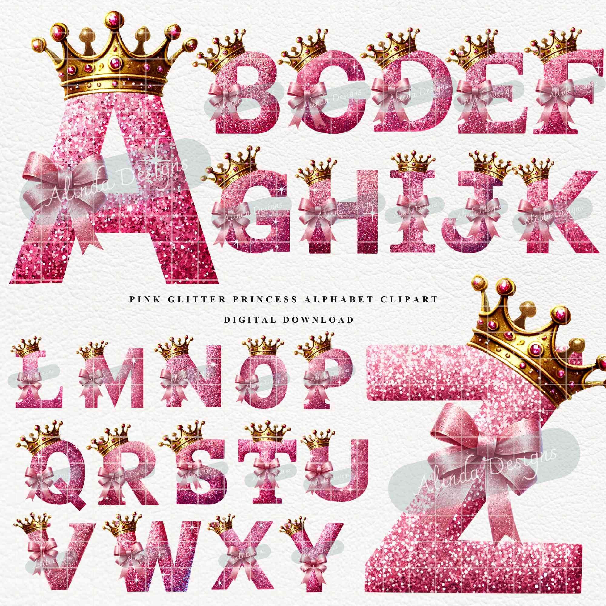 Princess Names Letter Pink Glitter Princess Alphabet Clipart, Crown Letters PNG for Girl ...