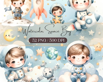 Watercolor Space Boy Clipart, Kids Space Theme, Cosmic Watercolors, Printable Boy Astronaut Graphics, DIY Craft Clipart, Digital Download