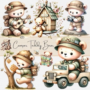 Ensemble de clipart adorable ours en peluche camper, téléchargement numérique mignon ours de camping, scrapbooking, autocollants, travaux manuels, invitations, aventure de camping