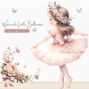 Aquarell kleine Ballerinas Clipart, digitaler Download für Einladungen, Geburtstagskarten, Kinderzimmer Dekor, DIY Handwerk, niedliche Ballett-Tänzer, Mädchen
