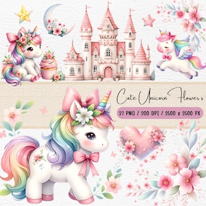 Süßes Einhorn Blume Clipart Set, Pastell Einhorn Blumen Illustrationen für Handwerk, Pastell Einhorn Blumen Illustrationen für Handwerk, Geburtstag