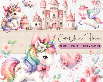 Pastell Einhorn Blumen Clipart Set: Geburtstagsparty Illustrationen (digitaler Download)