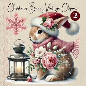Vintage Weihnachtshase Clipart, Retro Urlaub Kaninchen Digital Download, Weihnachtshase Grafiken für Kunsthandwerk und Drucksachen, Karte, Wandkunst