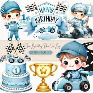 Clipart de coche de carreras para el primer cumpleaños, lindo tema de carreras azules para niños, 24 PNG para decoración de fiestas, invitaciones, manualidades, tarjetas de cumpleaños, cumpleaños de niños