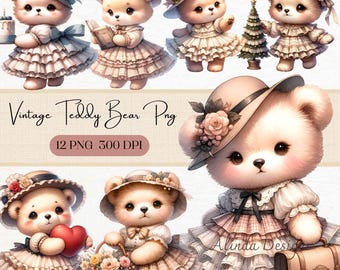 Vintage Teddy Bear Clipart: Retro Bear Illustrations (Digital Download)