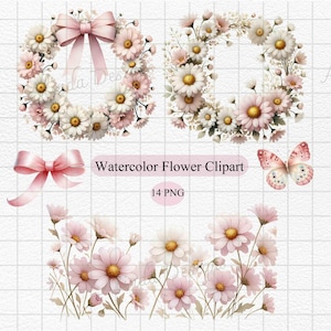 Charming Pink and White Daisy Clipart, Watercolor Floral Designs for Wedding Invites, Baby Shower Decor, and Crafts, Floral Illustrations