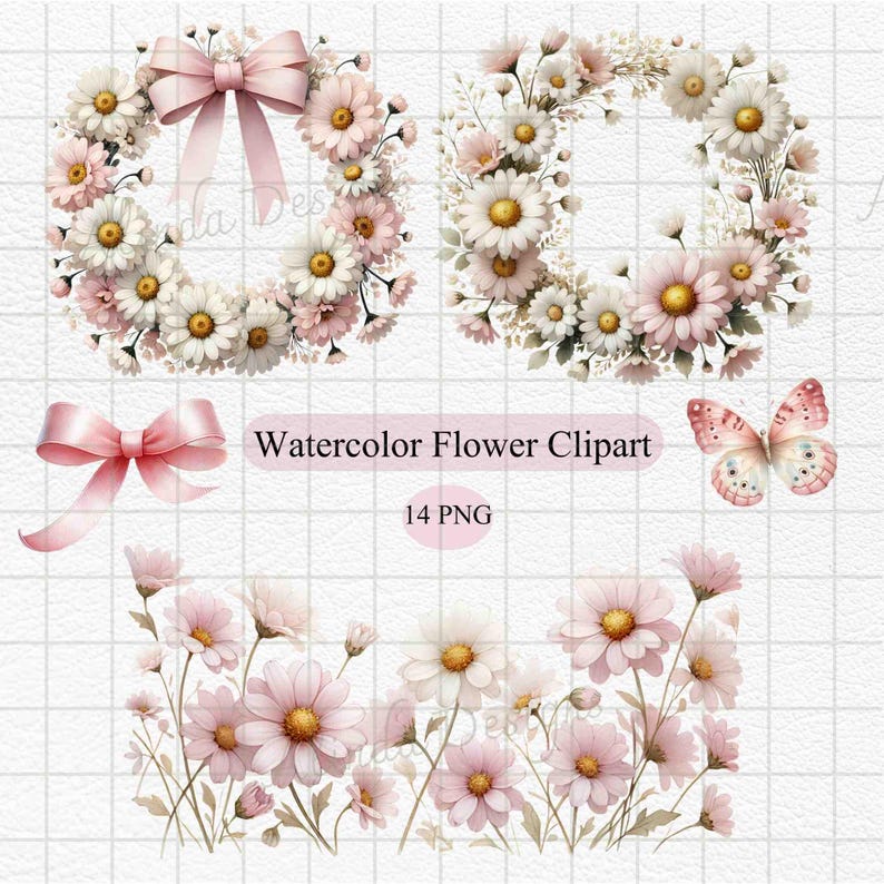 Charming Pink and White Daisy Clipart, Watercolor Floral Designs for Wedding Invites, Baby Shower Decor, and Crafts, Floral Illustrations