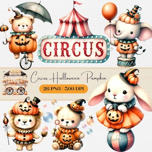 Clipart citrouille d'Halloween cirque, téléchargement numérique sur le thème du cirque effrayant, graphismes Halloween pour faire-part, décoration de fête, créations manuelles, scrapbooking