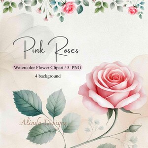 Clipart de rosas cor de rosa em aquarela, ilustrações florais, convites de casamento, scrapbooking, faça você mesmo, design de cartão de felicitações, decoração de blog, diário