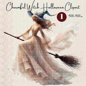 Urocza Wiedźma Halloween Clipart, Urocze Ilustracje Wiedźmy, Kolorowa Wiedźma Printabl, Dekoracja Halloween, Prezent dla Wiedźmy, Upiorna Wiedźma Sezonowa