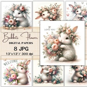 Documenti digitali di coniglio vintage, modelli classici di coniglietto JPG, sfondi di scrapbooking di ispirazione antica, download di artigianato pasquale stampabile, jpg