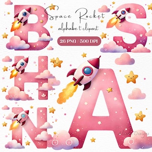 Op de afbeelding: Een aquarel illustratie toont de roze letters "BHANA" met een ruimtethema. Elke letter heeft een raket, wolken en sterren. De tekst "Space Rocket alphabet clipart" en "26 PNG / 300 DPI" is ook opgenomen.