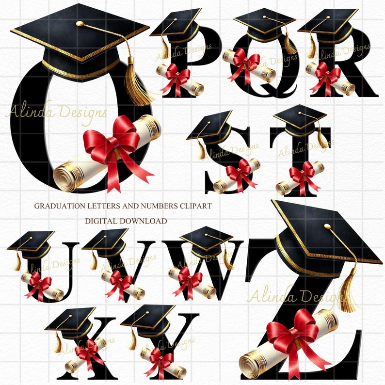Graduation Alphabet Letters & Numbers PNG, Black Cap Diploma Clipart, Class of 2024 Printable, Senior Year Sublimation, Graduation party Decor, Numbers Clipart