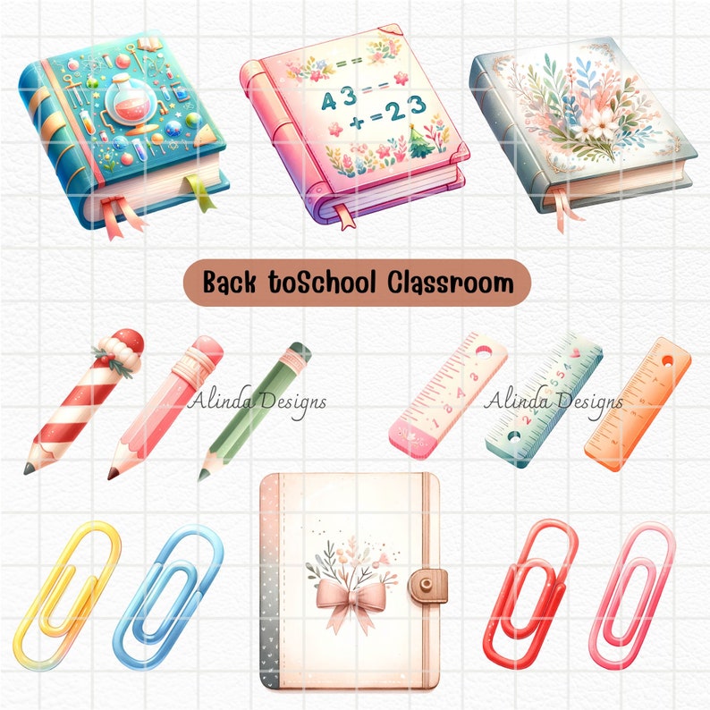 May include: A set of back to school classroom supplies including a pink notebook with a floral design, a green pencil, a red and white striped pencil, a blue ruler, an orange ruler, a yellow paperclip, a blue paperclip, a red paperclip, a pink paperclip, and three books with different designs. The books have the text "A3 = - + = 23" on the cover.
