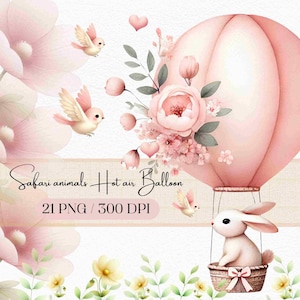 Safari Tiere Heißluftballon Clipart, süße Illustrationen von Dschungeltieren, Babyparty und Kinderzimmer Dekor, Karte, Wandkunst, digitaler Download