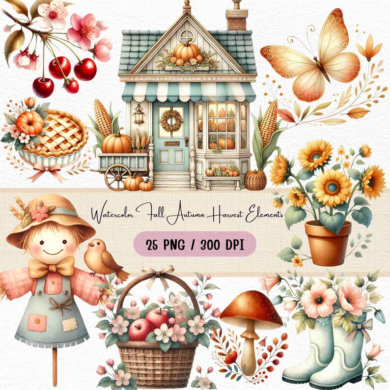 Watercolor Fall Harvest Clipart, Thanksgiving Clipart, Autumn Leaves, Pumpkins and Harvest Elements, DIY Projects, Junk Journal Thanksgiving