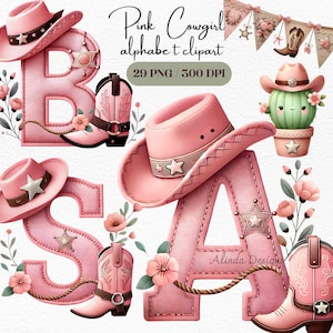 Clipart del alfabeto de vaquera rosa, letras de sheriff del oeste, invitaciones de cumpleaños de vaquera, arte mural de guardería del oeste, camisetas o tazas de sublimación