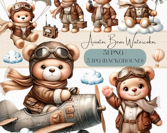Watercolor Aviator Bear Clipart: Pilot Teddy Bear Graphics (PNG)