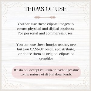 May include: Terms of use for clipart images. You can use these images to create physical and digital products for personal and commercial use. You cannot resell, redistribute, or share them as original clipart or graphics. We do not accept returns or exchanges due to the nature of digital downloads.