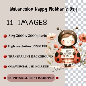 May include: Watercolor illustration of a ladybug wearing a red and black dress and holding a sign that says "Happy Mother's Day". The ladybug is surrounded by flowers and has a cheerful expression.