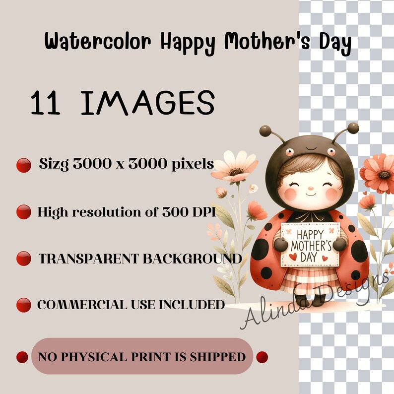 May include: Watercolor illustration of a ladybug wearing a red and black dress and holding a sign that says "Happy Mother's Day". The ladybug is surrounded by flowers and has a cheerful expression.