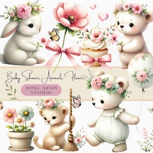 Clipart animaux pour baby shower, art floral pour chambre d'enfant, animaux de la jungle mignons en téléchargement numérique, décoration de baby shower, téléchargement immédiat, carte, art mural