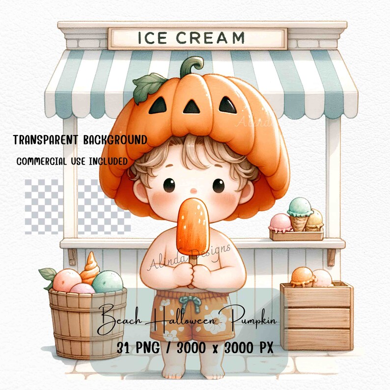 Beach Halloween Pumpkin Clipart: Tropical Coastal Art (PNG Digital Download) image 2