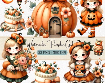 Watercolor Pumpkin Girl Clipart: Autumn Fall PNG (Digital Download)
