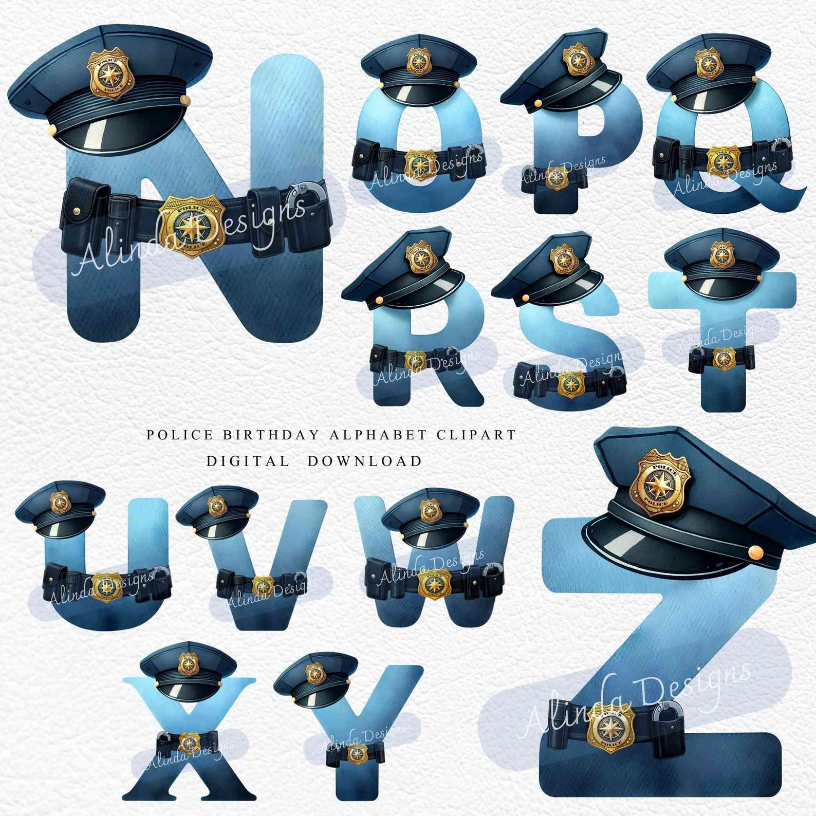 Police Letter Pattern Police Birthday Alphabet Clipart, Blue Officer Letters PNG for Boys ...