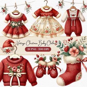 ClipArt de roupas de bebê de Natal vintage, download digital de roupas de bebê de férias retrô, show de bebê, bebê recém-nascido, gráficos de férias retrô, cartão