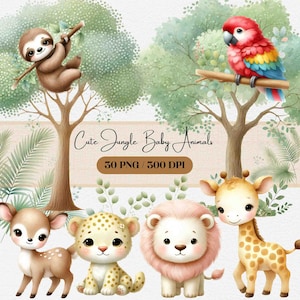 Adorable juego de imágenes prediseñadas de animales de la selva, Descarga digital bonita para manualidades infantiles, Decoración de guardería, Invitaciones de baby shower, Archivos PNG, Animal
