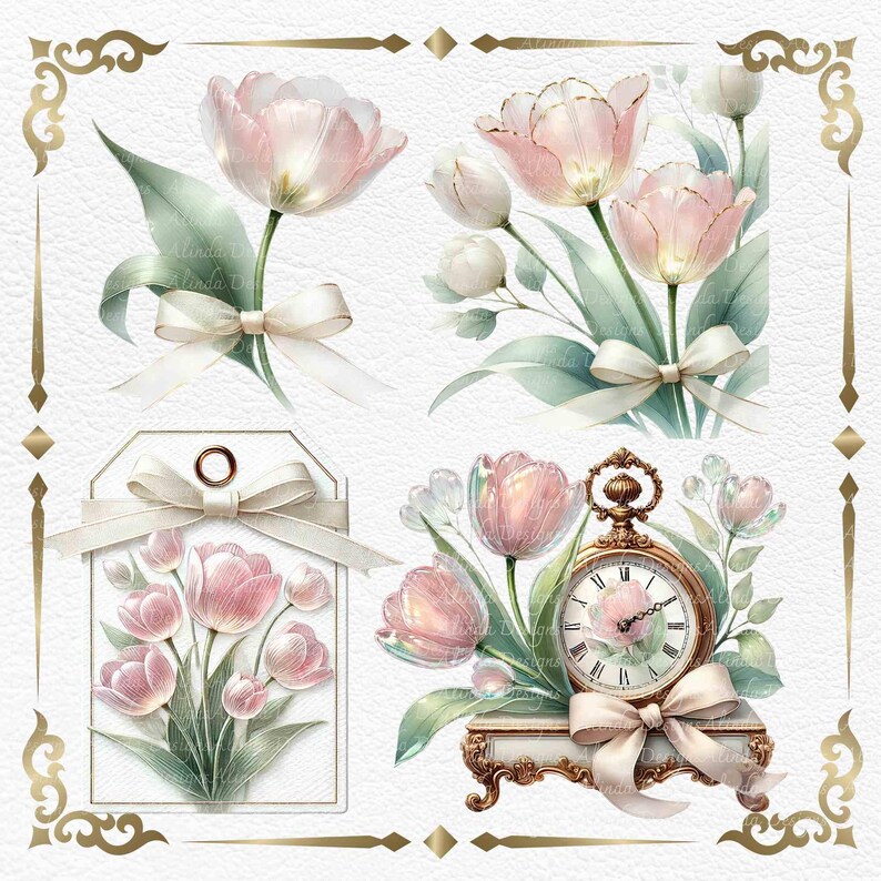 Sweet Pink Tulips Watercolor Clipart, Elegant Vintage Floral Elements for Invitations, Branding & DIY Crafts, DIY Craft, For Home Decoration