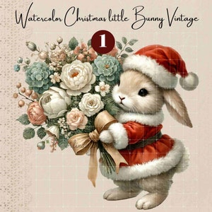 Vintage Aquarell Weihnachten Kaninchen Clip Art, Retro Urlaub Illustration, Weihnachtshäschen Kunst für Karten und Kunsthandwerk, Scrapbooking, Häschen Kunst