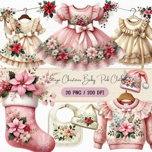 Vintage Weihnachten Baby rosa Kleidung Clipart, Retro Urlaub Baby Outfits PNG, Pastell rosa Weihnachtscliparts, digitaler Download für Handwerkskarte