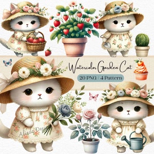 Clipart chat de jardin aquarelle, art félin mignon pour travaux manuels, faire-parts, scrapbooking, sublimation cadeau imprimable, drôle de jardinier, art mural